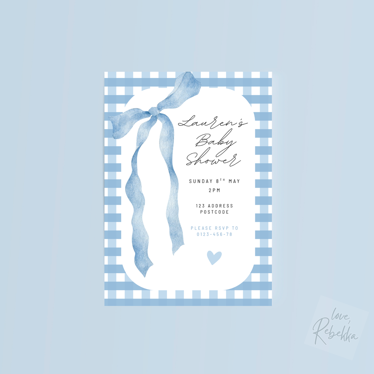 Blue Gingham Baby Shower Editable Party Invitation - Canva Template